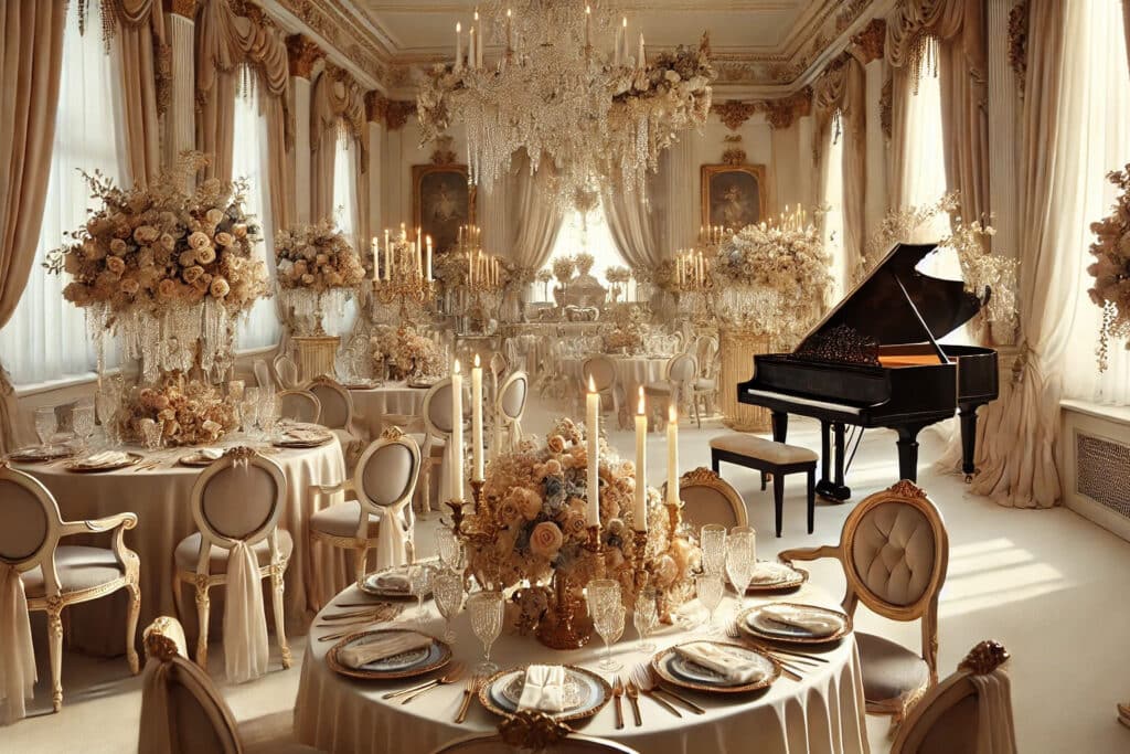 Eleganter Ballsaal mit üppigem Dekor, mit runden Tischen, die mit großen Blumenarrangements und Kerzen geschmückt sind. Im Hintergrund steht ein Flügel unter einem funkelnden Kronleuchter, umgeben von luxuriösen Vorhängen und klassischen Gemälden.