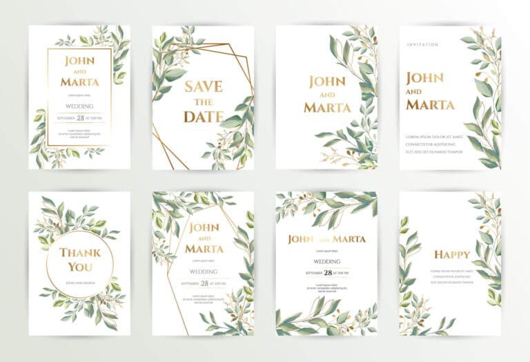 Ein Set eleganter Hochzeitseinladungen mit Blumen- und Blattmotiven. Jede Karte enthält Texte wie „Save the Date“, „John und Marta“ und „Thank You“, mit dekorativen goldenen Akzenten und Grün, die den Text einrahmen.