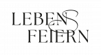 Das stilisierte Textlogo lautet „LEBEN S FEIERN“ in eleganter, fließender Typografie mit einem komplizierten, verbundenen Schnörkeldesign zwischen den Wörtern. Der Text wird in Schwarz auf transparentem Hintergrund dargestellt.